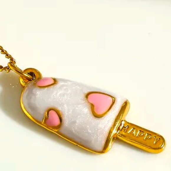 MINI WHITE POPSICLE WITH PINK HEARTS 18K GOLD DIPPED PENDANT ON A FINE CHAIN - Picture 1 of 1